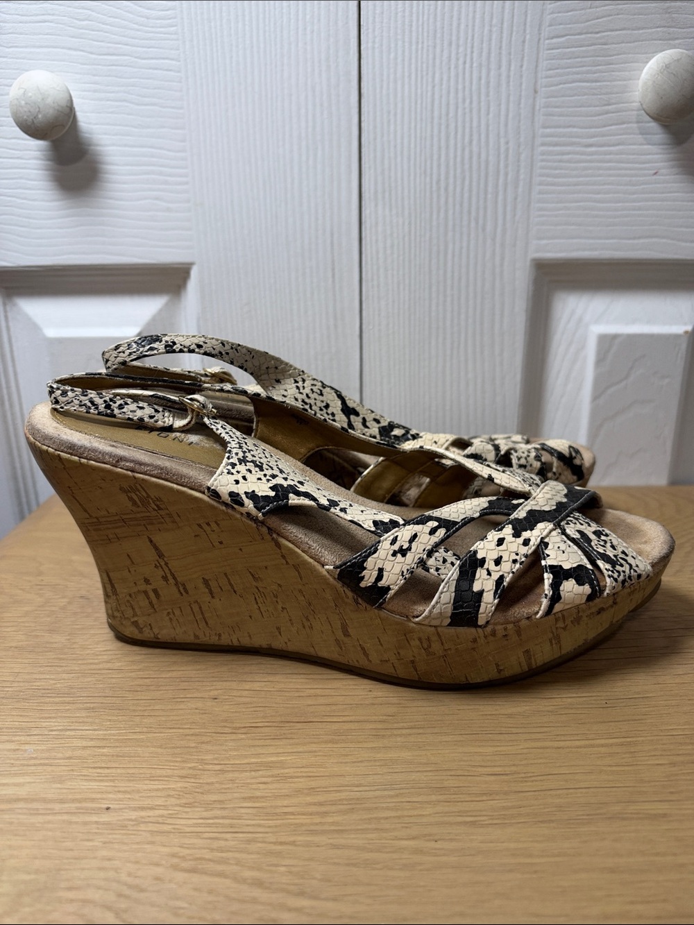 Women's Black and Cream Snake-Print Cork Wedge Sandals, size 9.5